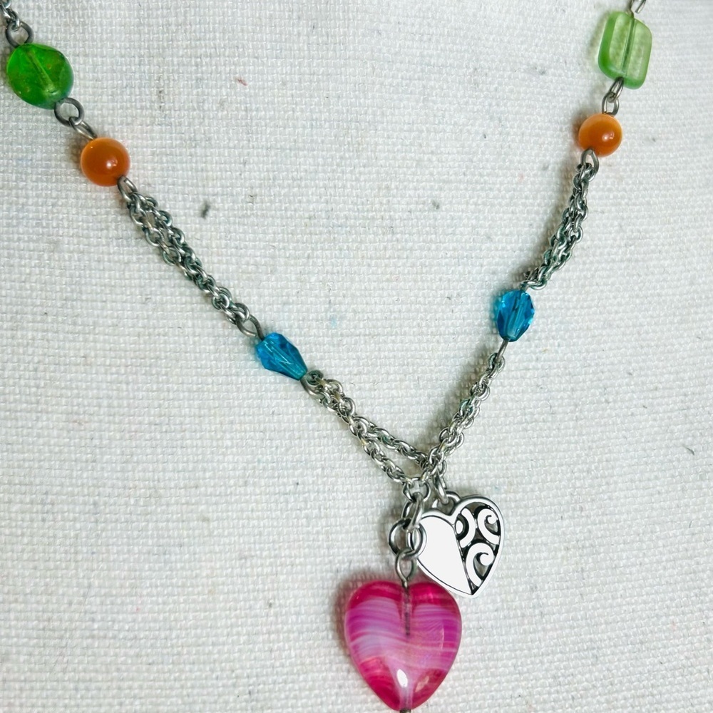 Brighton Deco Bright Necklace Colorful Beaded Heart Pendants Silver Plated 18"
